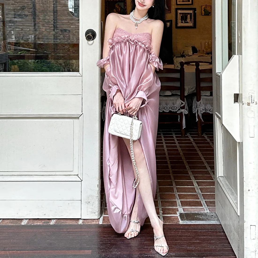 

Slimming Puffball Skirt with Dr Petal Collar Lightweight Spring Autumn Women's Tube Top Midi Dress Knitted Polyester