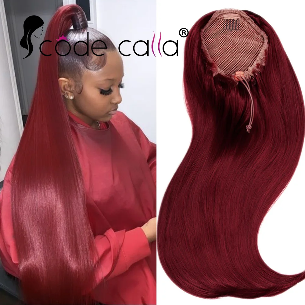 Long Straight Ponytail Hair Extension for Women Human Hair Drawstring Ponytail Hairpieces Burgundy Real Human Hair Pony Tail