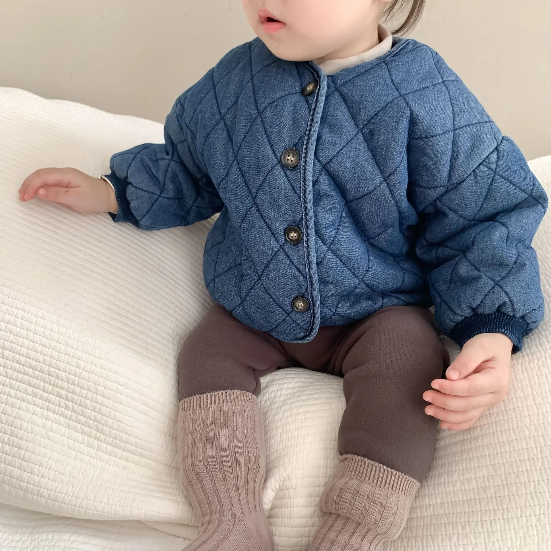 Abrigo de mezclilla grueso a cuadros de diamantes para niños, cárdigan sólido Retro para niños, Tops para niñas, chaqueta informal de algodón para