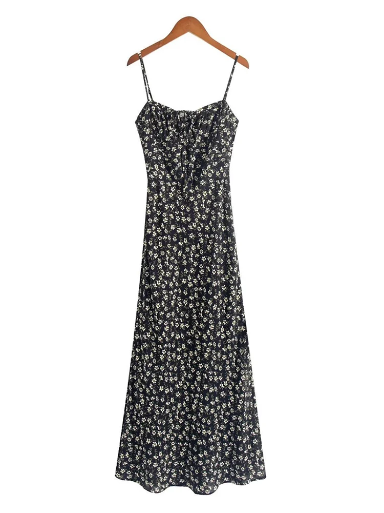 

Summer Floral Print Camisole Chiffon Dress Women Sleeveless Backless Evening Black Dresses