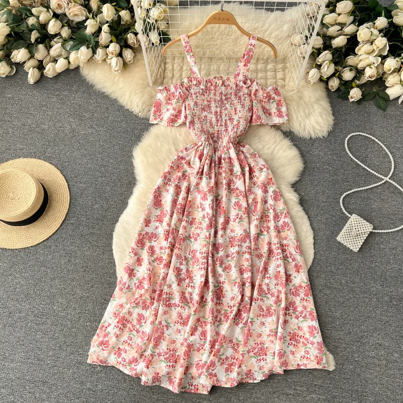 boho vintage donna estate sexy spalle scoperte stampa floreale abito lungo cinturino per spaghetti vacanza al mare 2025 eleganti abiti tunica