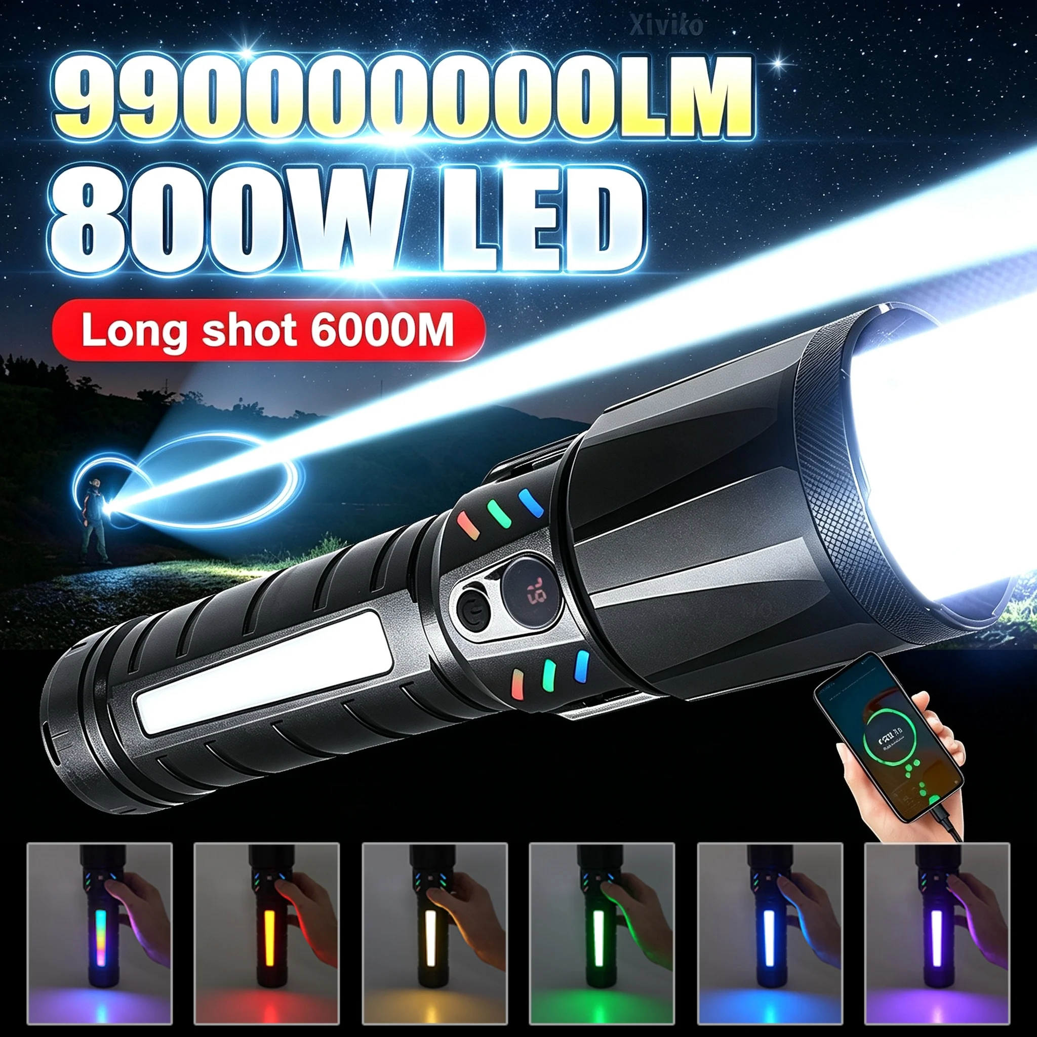 Powerful 800W LED Flashlight Long Shot 6000M USB Rechargeable Torch Color Side Light Waterproof For Outdoor Camping Emergency