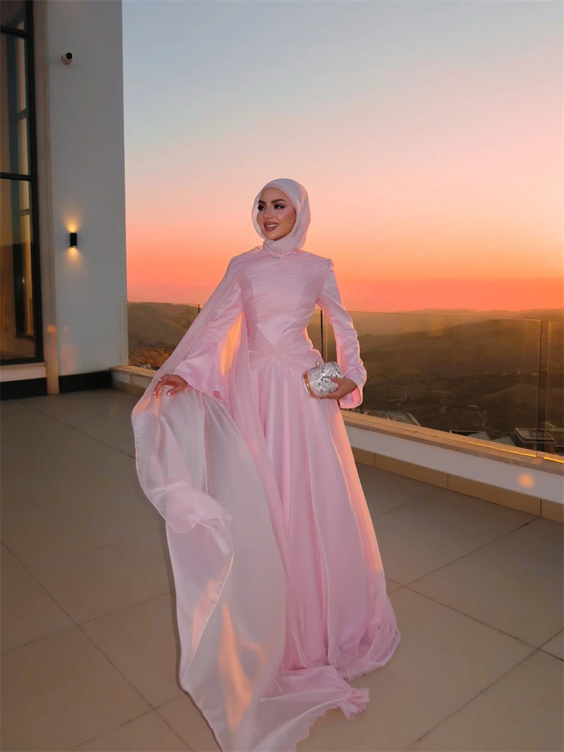 Xijun Luxury Pink Chiffon Evening Dresses Long Sleeves Pleated Formal Prom Dresses A-Line O-Neck Prom Gowns Shawl Customized