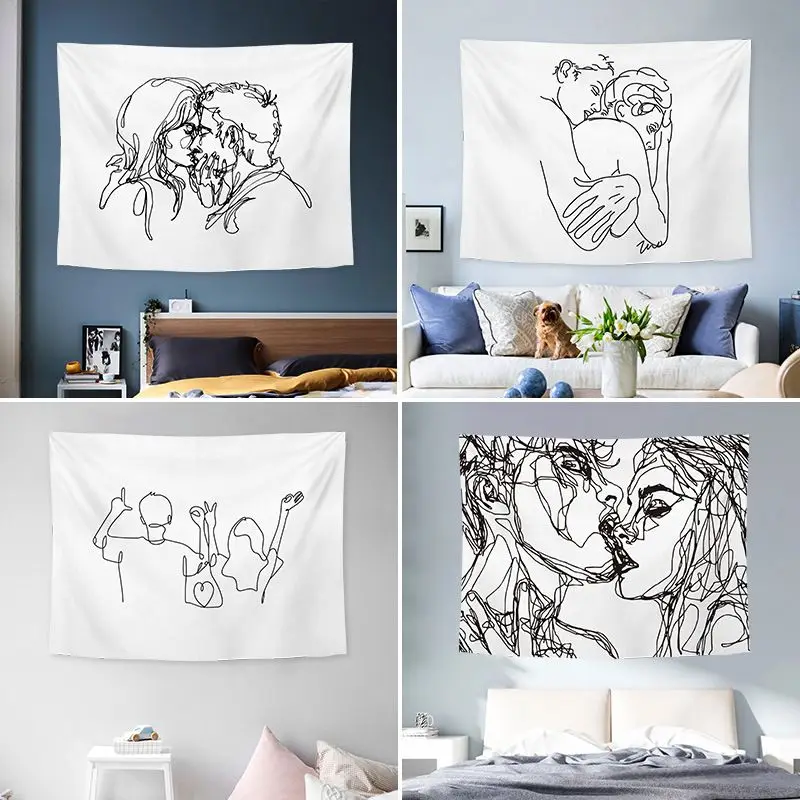 VIKAMA Minimalist Line Art Kissing Couple Tapestry, Abstract Aesthetic Wall Hanging, Bedroom Dorm Home Decor