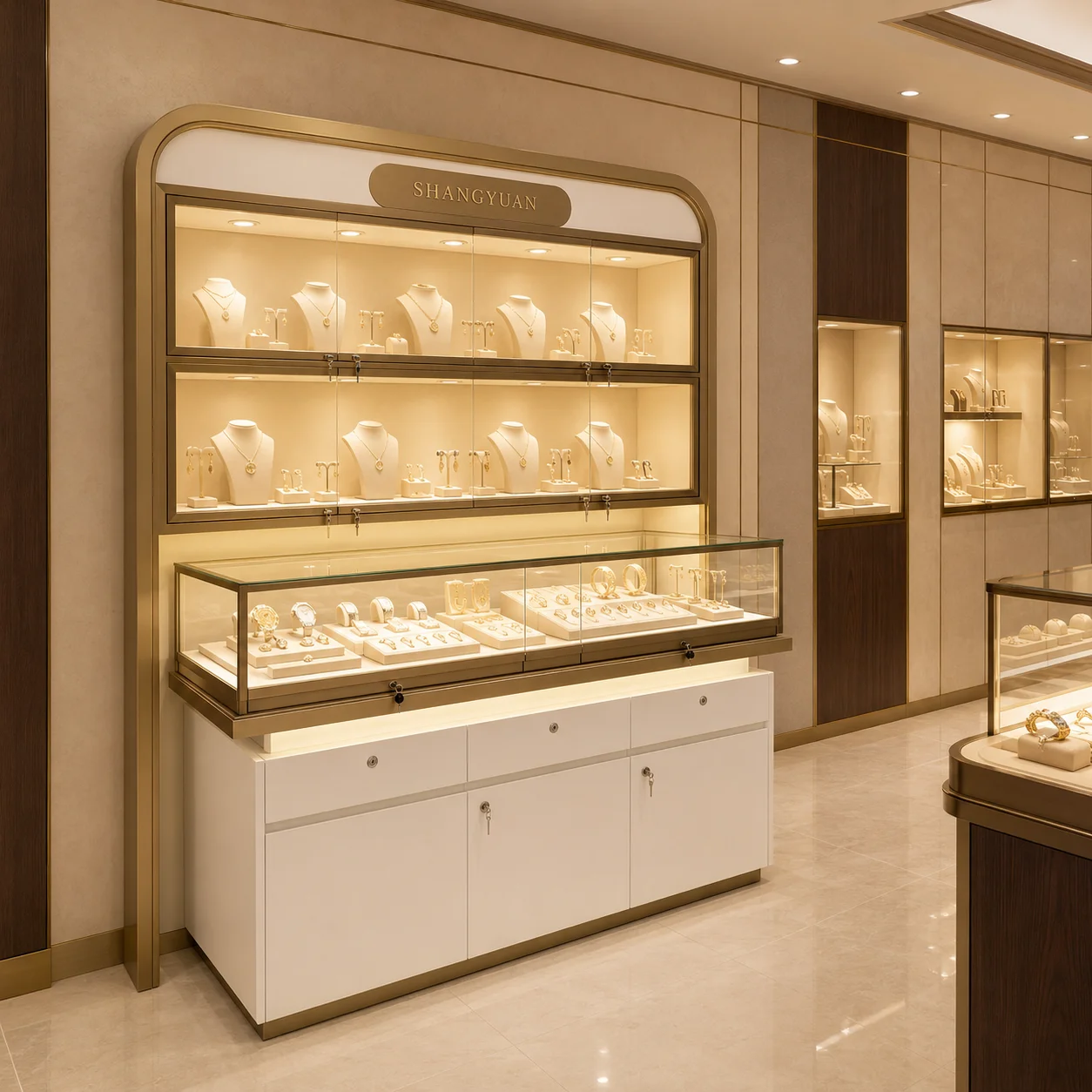 Secure Lockable Jewelry Display Cabinet Glass Counter White Storage Base LED For High-end Jewelry Boutique Interior