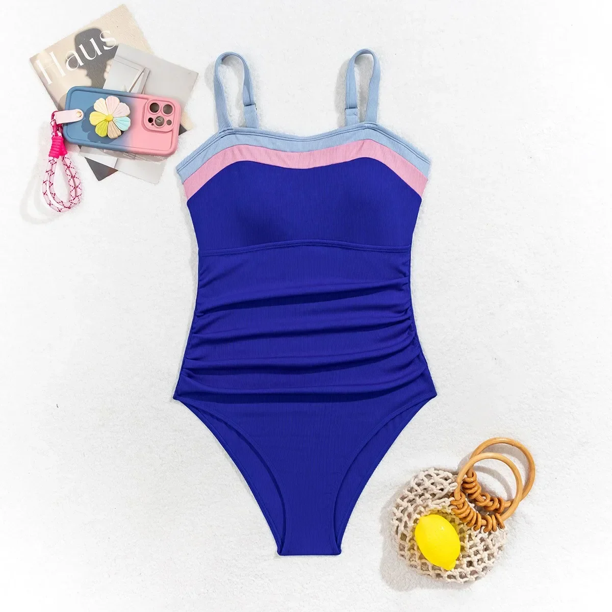 Badeanzug mit geometrischem Druck für Damen, modisch und sexy, Nackengurt, ärmellos, solide, Anti-Exposition, Sicherheits-Bikini, Strandurlaub