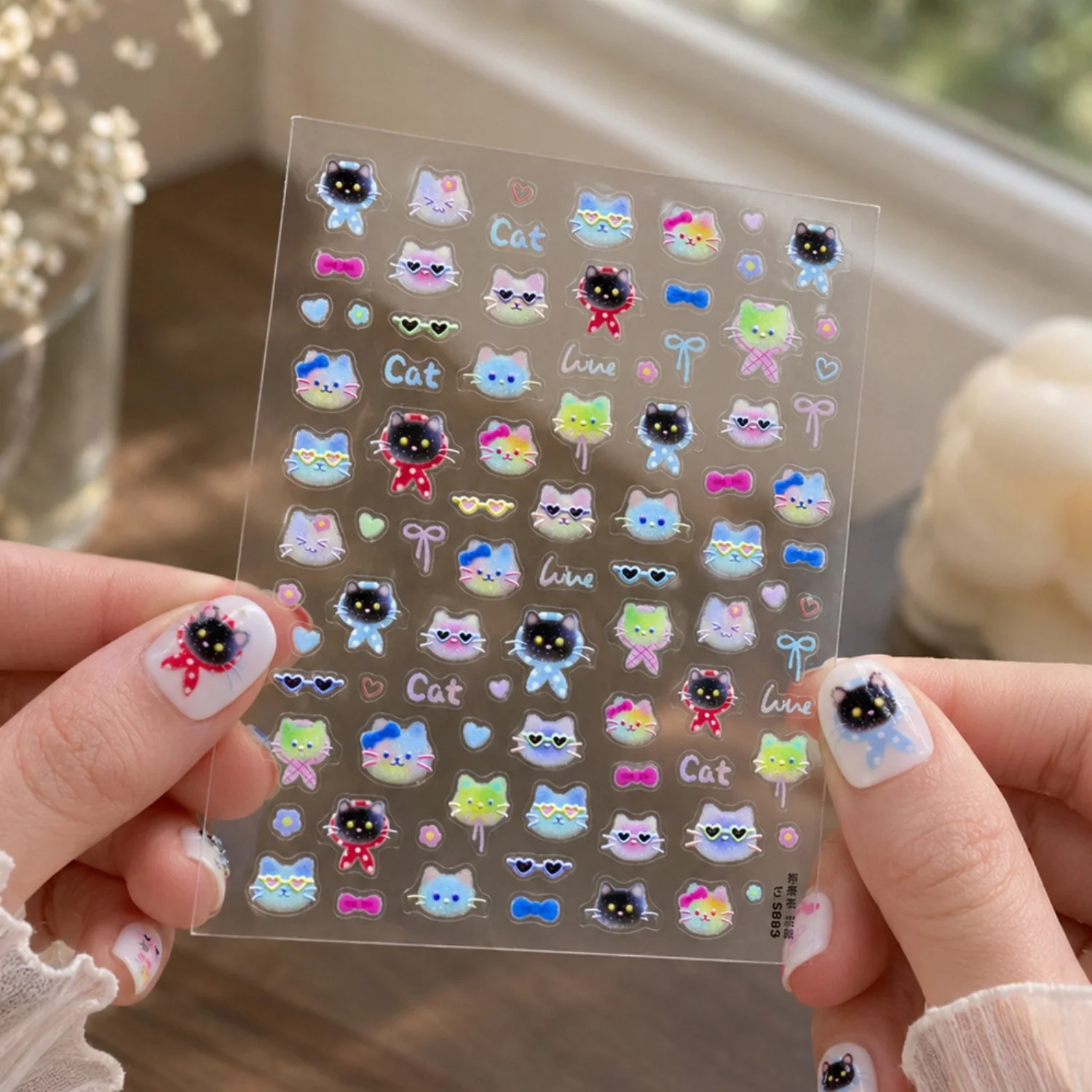 Farbverlauf Ombre 5D Nagelkunst-Aufkleber Niedliche Katzenköpfe Schleifen Errötende Herzen Sterne Augen Abziehbilder Selbstklebende Süße Romantische Maniküre-Zubehör
