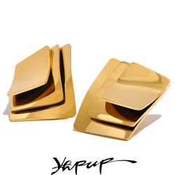 Yhpup New Glossy Stainless Steel Square Layered Overlay Stud Earrings Gold Silver Color Metal Bling Waterproof Trendy Jewelry