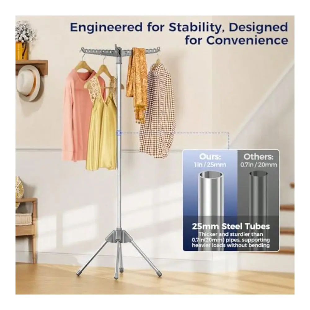 Sellers Clothes Drying Rack, 59Inch Foldable Stainless Steel, Grey 3 Rotating Arms, 27 Hanger Holes, 4Leg Base, ToolFree Set Up