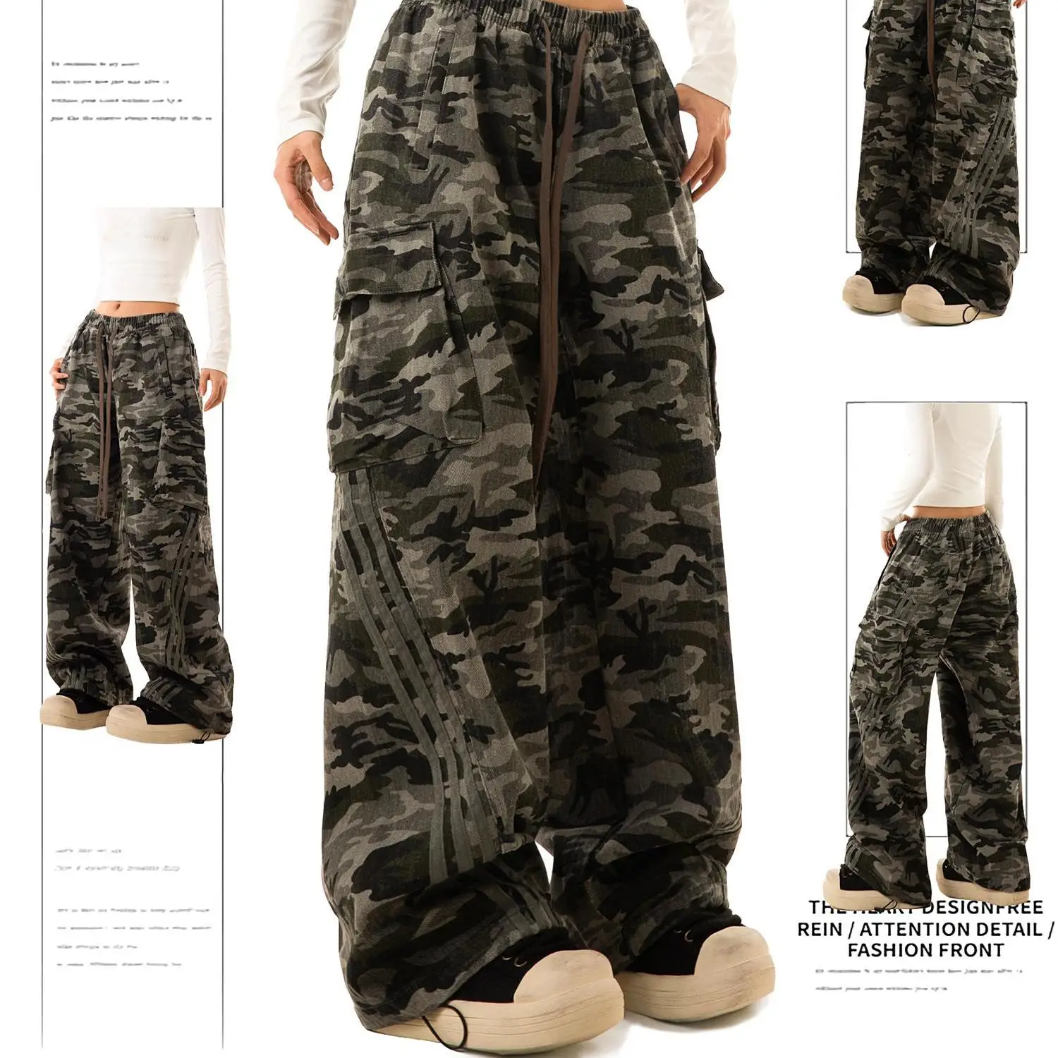 

American Retro Camouflage Work Pants Men's Loose Elastic Waist Straight Leg Wide Leg Trousers Youth Casual Wear Summer Jeans