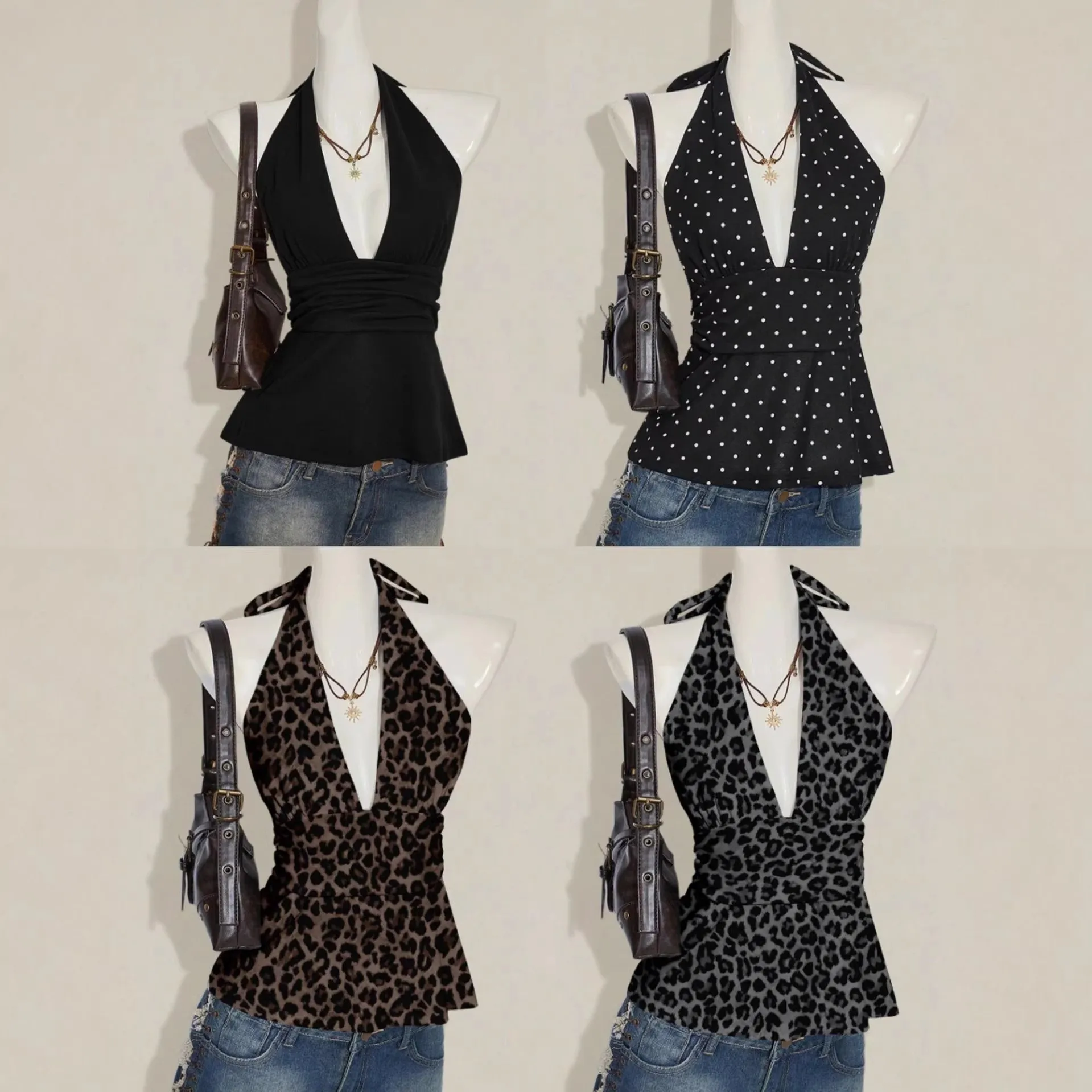 Women Summer Tank Top Halter Neck Solid Black Camisole Peplum Hem Ruched Waist Sleeveless Top Backless Design Leopard Print Vest