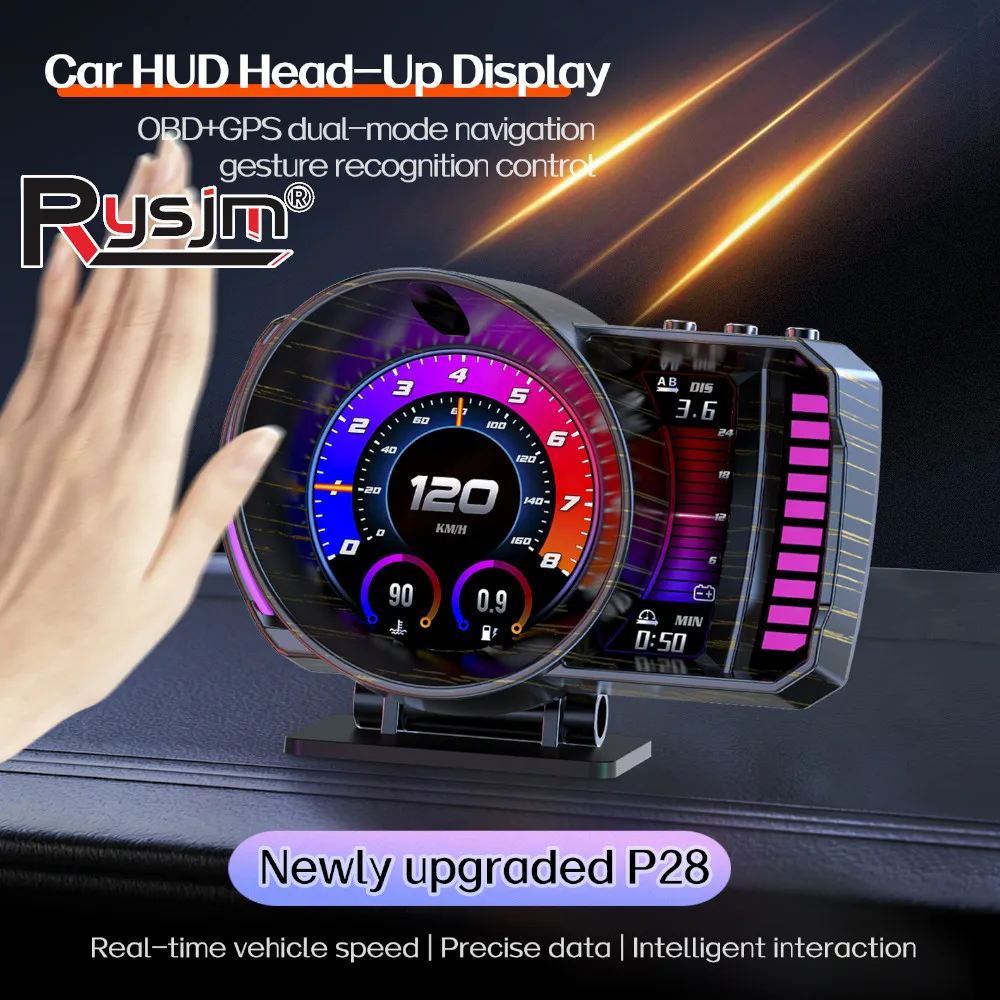N Newly Upgraded P28 Car HUD OBD+GPS+RGB Gesture Recognition Multi-theme Interface GPS Speedometer RPM Temp Overspeed Alarm