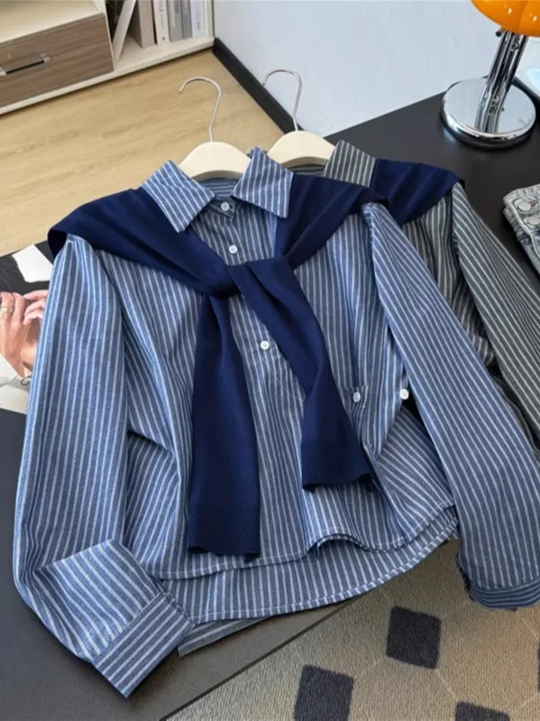 

Blue Striped Knitted awl Collar Long Sve Women's irt Loose Fit Casual Sle Autumn Faionable Versatile Cotton Blend