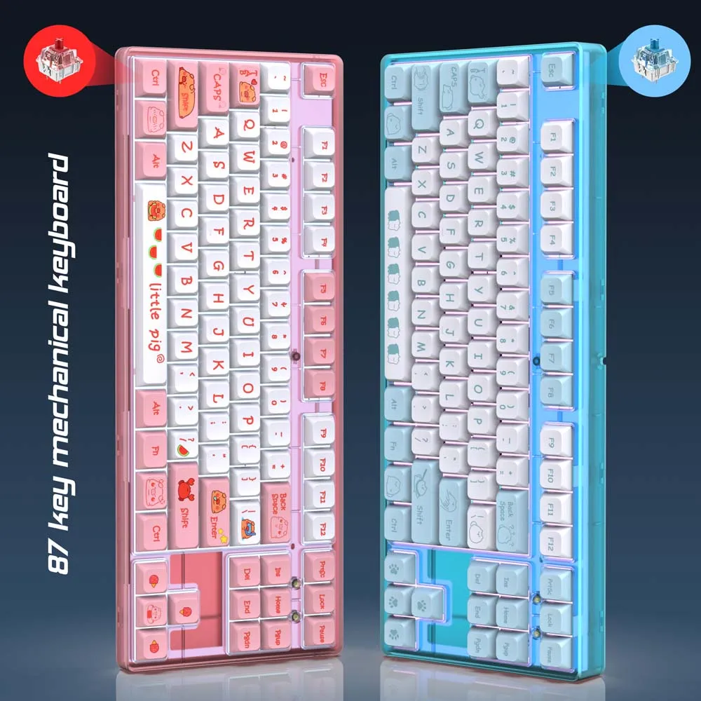 Keyboard 87Keys Mechanical Red Shaft RGB Backlight Thermal Sublimation Keycap Hot Swap Cute Transparent Type C Wired Keyboard