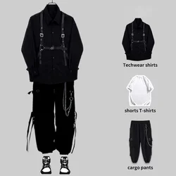 HOUZHOU Techwear spodnie zestawy mężczyźni Punk 3 sztuka stroje czarny Cargo koszule z długim rękawem w koreańskim stylu moda uliczna Hip Hop wiosna