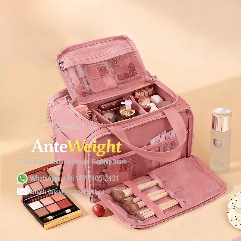 

Large Capacity Makeup Bag with Compartments, Portable Toiletry Case with Handle & Luggage Strap | Travel Organizer for Women