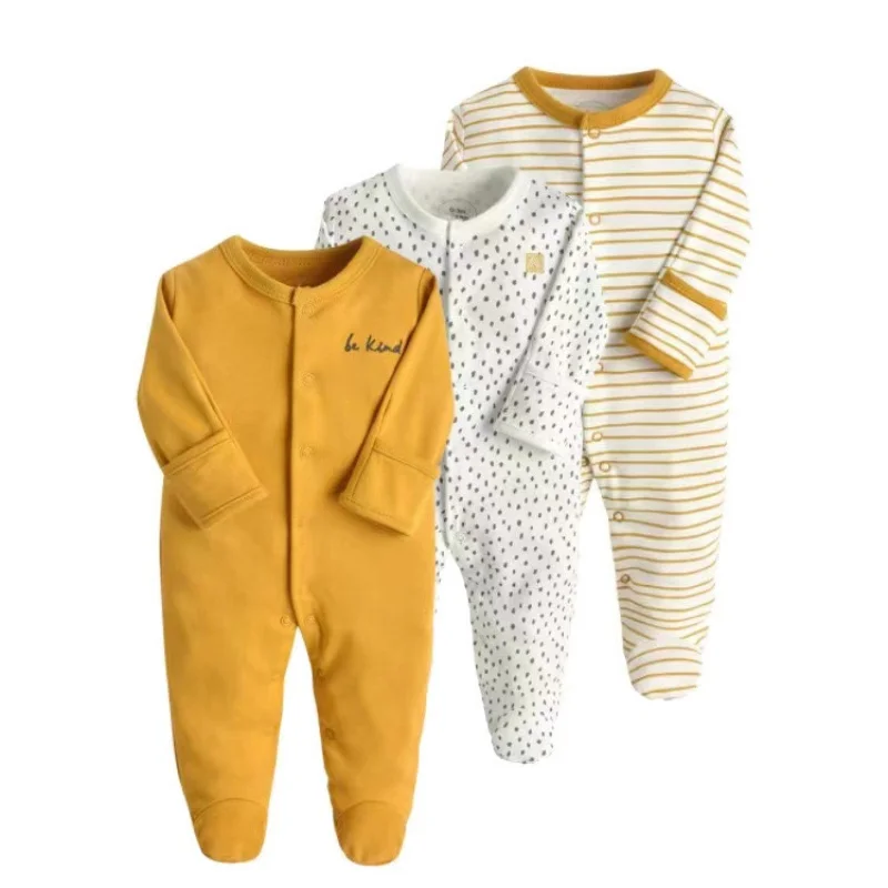 Barboteuse rayée à manches longues pour bébés garçons et filles, combinaison à pieds en coton doux, vêtements chauds pour nouveau-nés, vêtements à la mode, 3 pièces