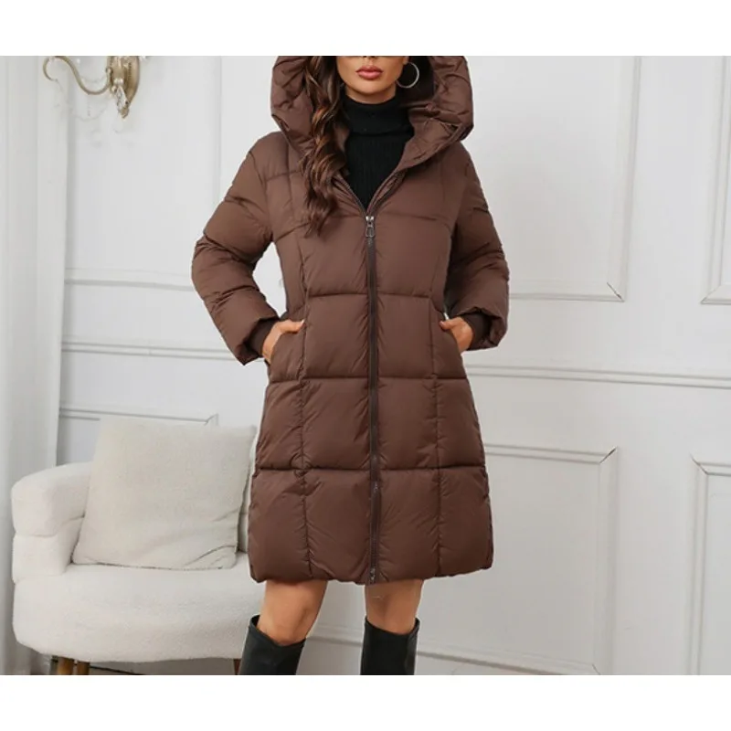 

2025 New Women's Mid-Length Thickened Upgraded Plus Size Fashion Casual Hooded Solid Color Cotton Coat