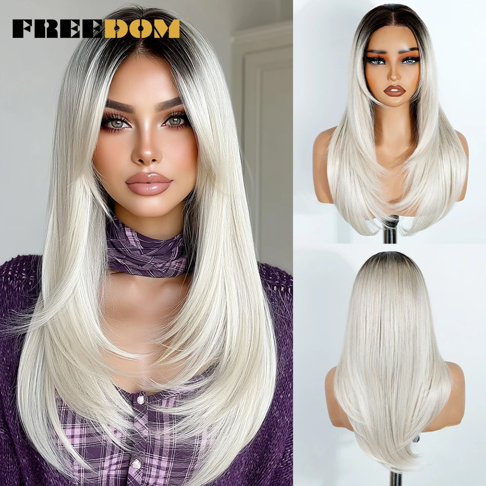 FREEDOM Synthetische Lace-Front-Perücken für Frauen, 20 Zoll, 13x3, glatt, vorgezupft, geschichtete Spitzenperücken, Ombre Braun Blond, Perücke für den täglichen Gebrauch – Detail 13