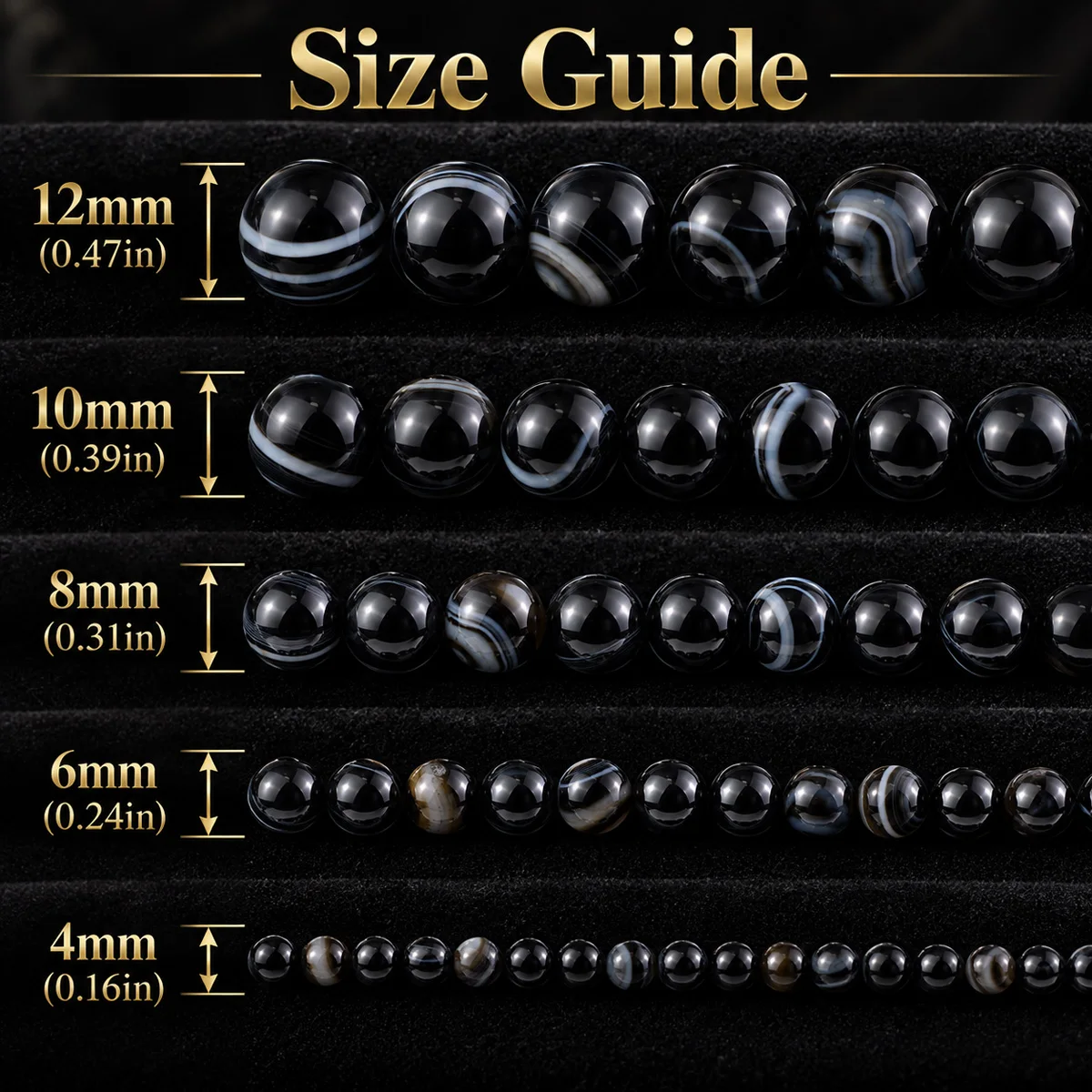 4/6/8/10/12mm Half Strand Natural Stone Black Banded Agates Round Smooth Spacer Beads for DIY Bracelet Necklace Jewelry Making