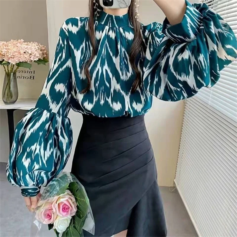 Fashion Lantern Sleeve Printed Stand Collar Casual Chiffon Shirt 2022 Spring New Oversized Loose Women Clothing Commute Blouses