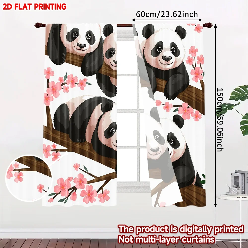 2D flat printing 2pcs Window Curtains Spring Pandas on Branches Digital Printed Polyester Drapes Festive Wall Decor for Home
