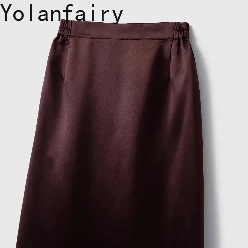 YOLANFAIRY 30 Momme 100% Mulberry Silk Shirt for Women Heavy Satin Gambiered Silk Skirt Straight Skirts Long Elegant Black Skirt