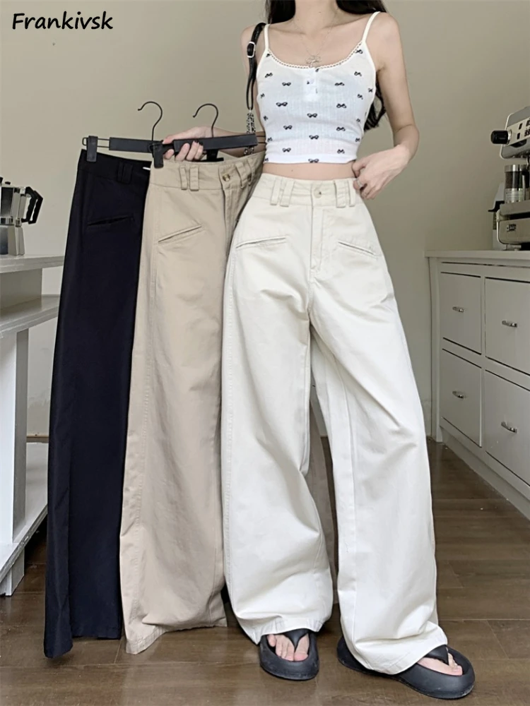 

Women Pockets Pants Slouchy All-match Commuting Shopper Casual Spring Wide Leg Retro Soft Pure Colors Trendy Loose Korean Style