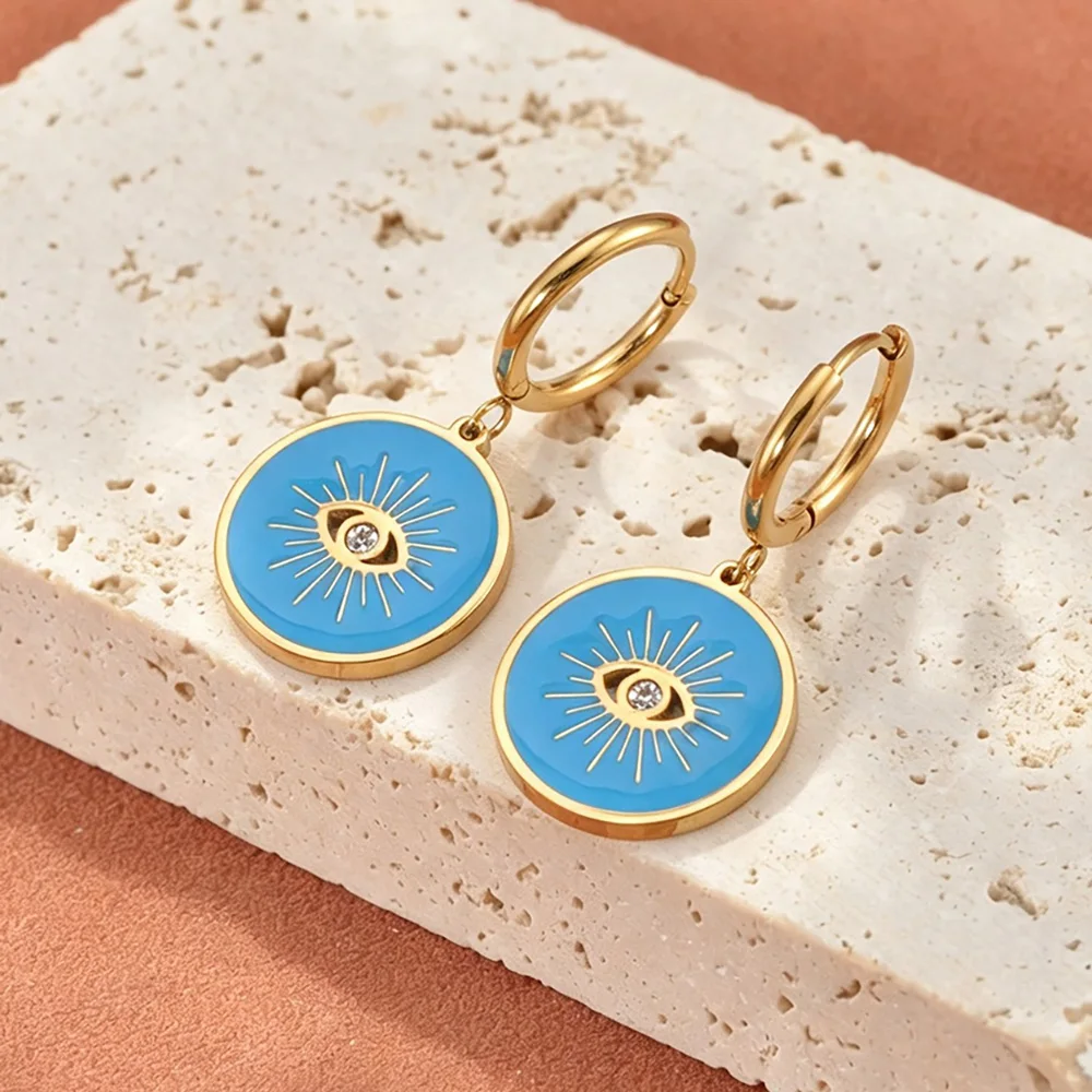 JeeMango Stainless Steel Blue Enamel Evil Eye Pendant Hoop Earrings Women Gold Plated Oil Drop Charm Waterproof Jewelry E26159 - view 3
