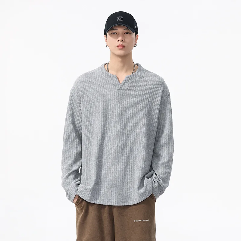 330g Jacquard Knitted Vintage Style V-neck Long-sleeved T-shirt for Men Spring Autumn Heavyweight Casual Base Shirt Men's Wear