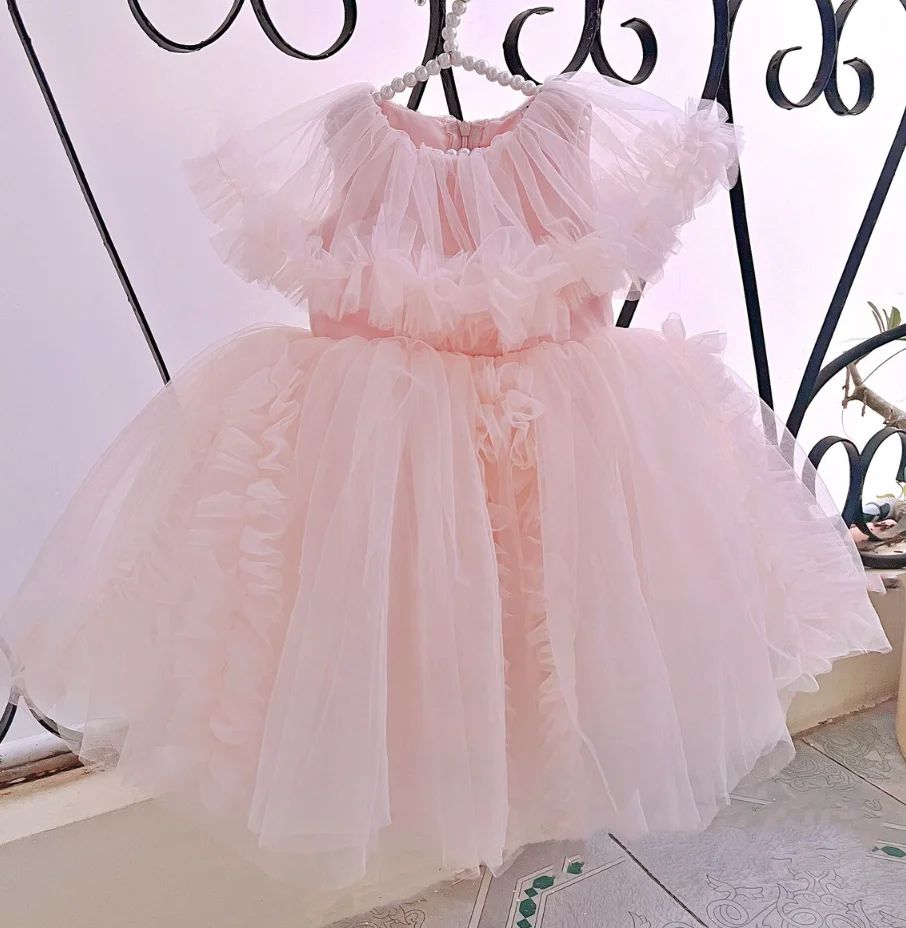 Robe en tulle rose doux pour bébé fille, tenue tutu, fleur de mariage, premier anniversaire, Noël, nouveau, tout-petit, 12m, 24m