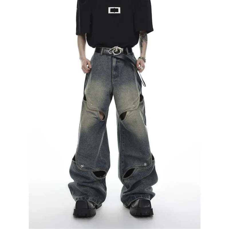 LIBIELIY Japanese And Korean Style Summer Casual Wide-leg Jeans For Men. Fashionable Heavy-duty Hollow-out Straight-tube Pants.