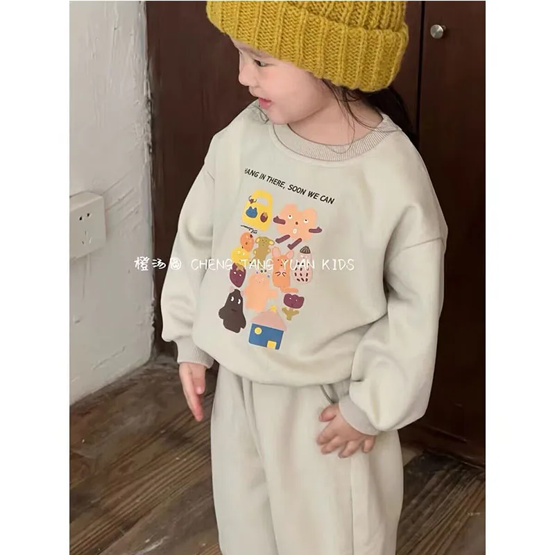 Baby Cute Sets Girls Sports Printing Sweater Sweatpants Suit Autumn New Children\'s Round Neck Casual Fashion Thin Two-Piece 2-8Y