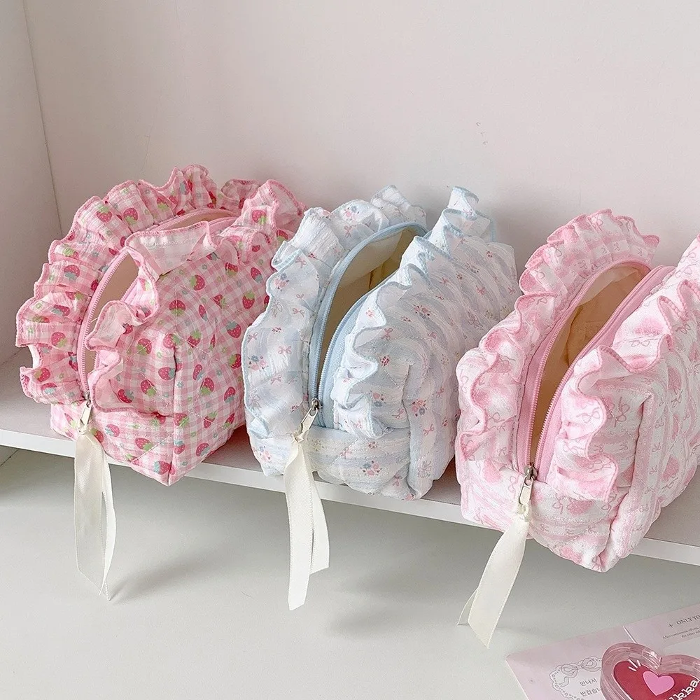 Multi-Use Ruffle Lace Makeup Bag Floral Print Portable Toiletry Bag Large Capacity Travel Wash Bag Studnets