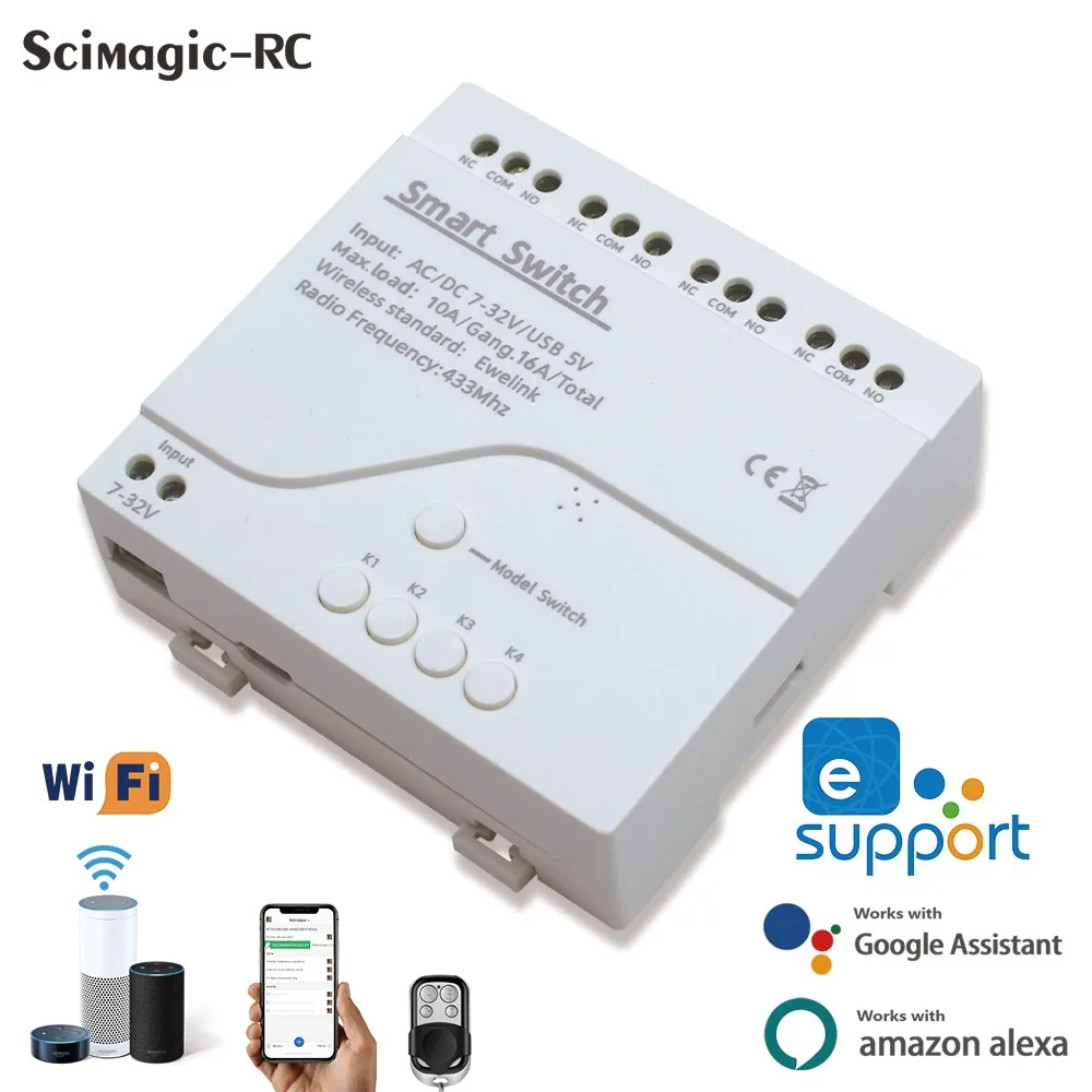 Ewelink-interruptor inteligente con WiFi, dispositivo con 4 CANALES DE Control RF, relé de luz para el hogar, funciona con Google Alex