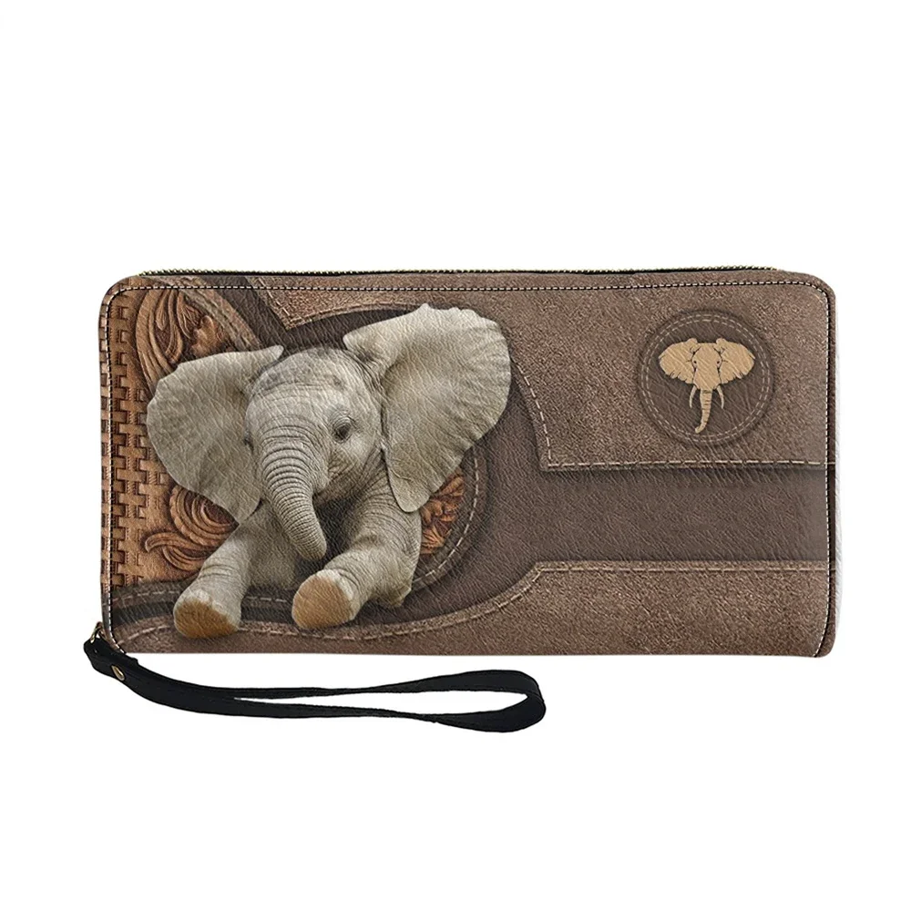 Designer Luxury PU Leather Purse with Zipper Cute Elephant Print Long Women Clutch WalletS Portable Female Card Holder Coin Bags