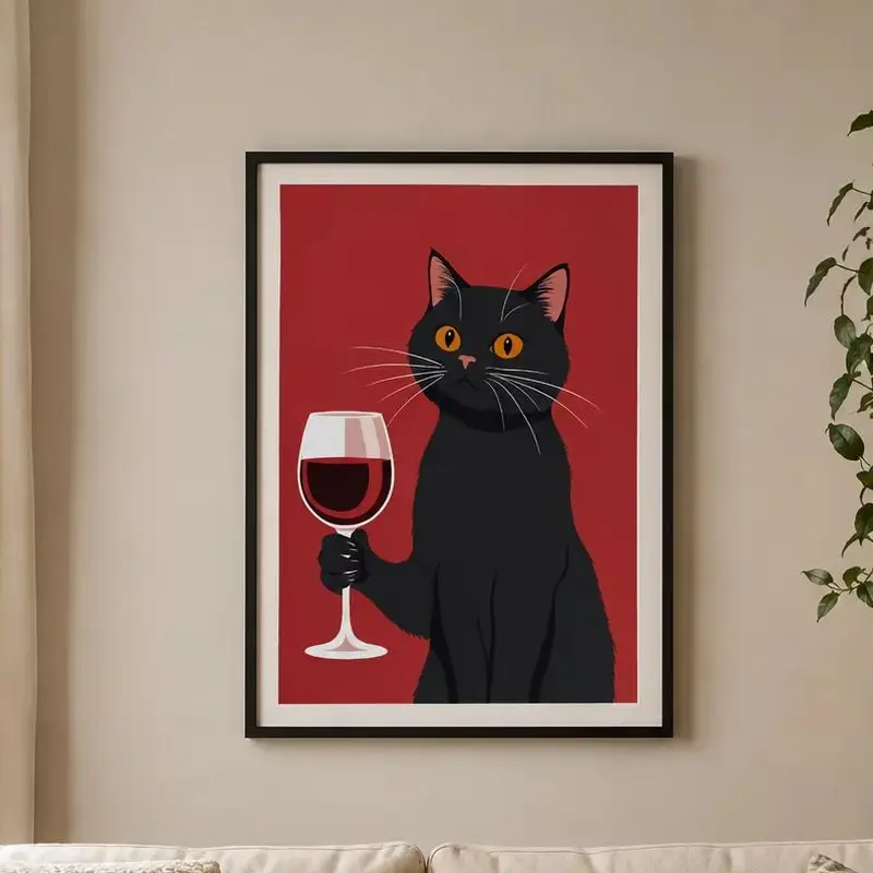 Black Cat with Wine Glass,Canvas Wall Print,Modern Art Illustration,High‑Grade Home Decoration Artwork for Bedroom,Living Room,O