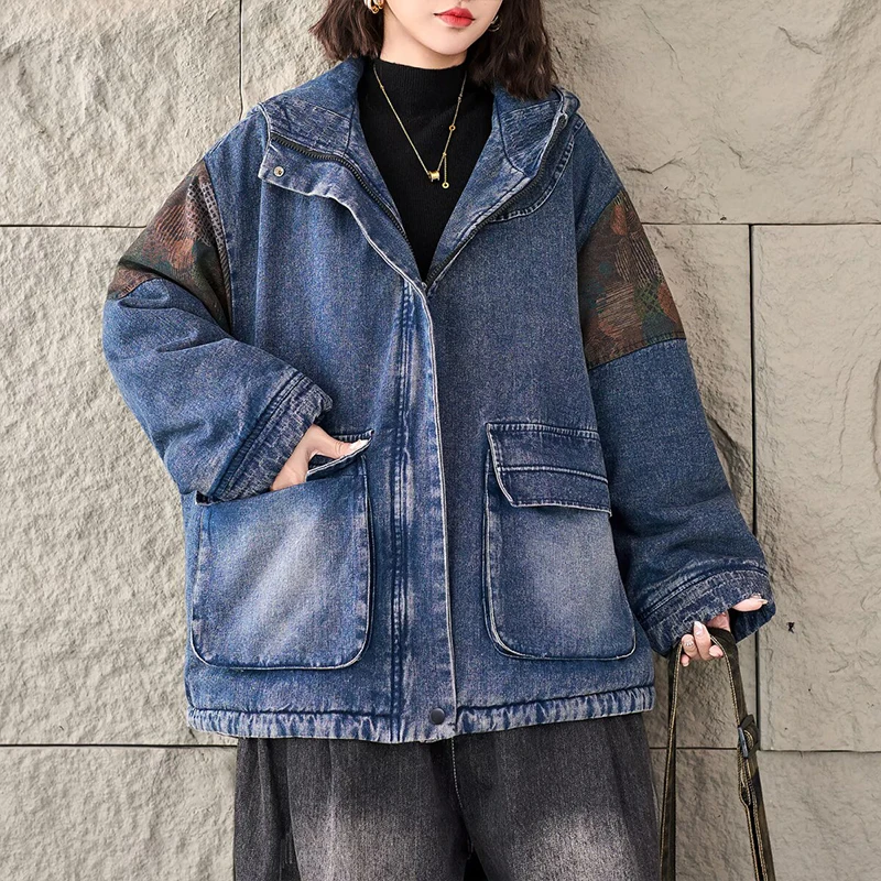 قداس واس الشتاء المطبوعة الدافئة الدنيم مقنعين معاطف المرأة عارضة الأزياء الكلاسيكية مبطن الستر السيدات خمر رشاقته سترات