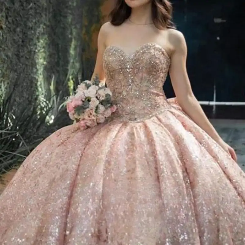 Rose Gold Lace Ball Gown Quinceanera Dresses 2024 With Bow Beaded Crystal Off The Shoulder Sweet 16 Dress Vestidos De 15 Años