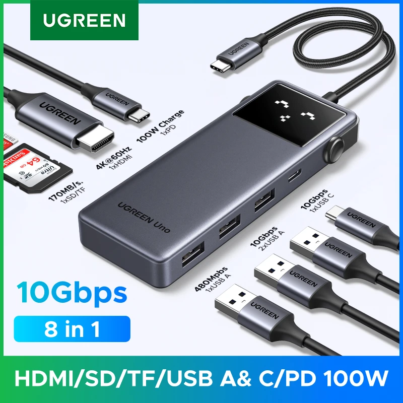 

UGREEN Uno 8-in-1 USB-C HUB Type-C to HDMI 4K60Hz for Monitor USB3.2 10Gbps Data Transfer PD100W SDTF for Laptop MacBook HP Dell
