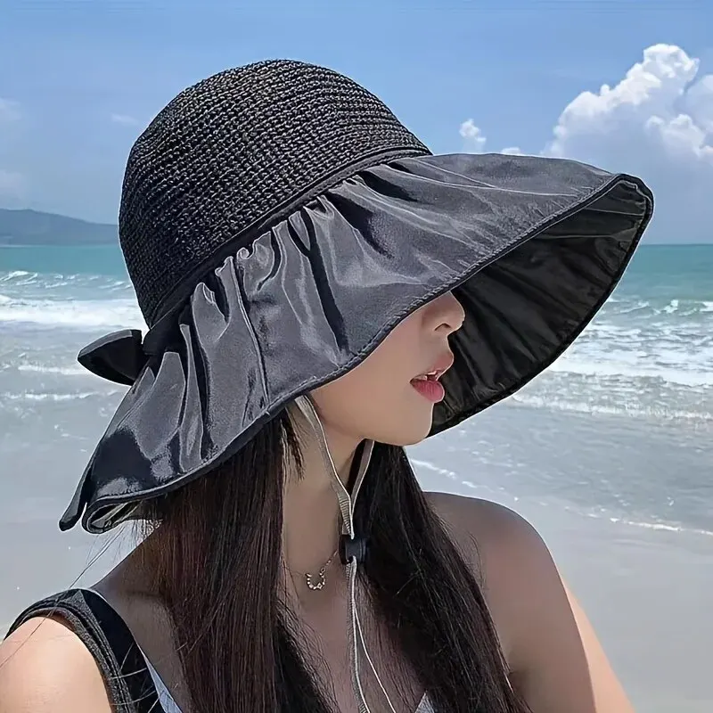 Sun Hat Large Brim Foldable Hollow Breathable UV Protection Bow Tie Decor Women Sunscreen Summer Hat Beach Cap For Outdoor