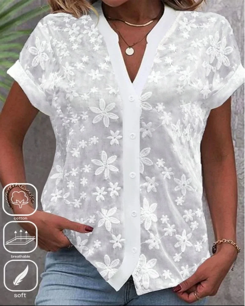 Cropped Shirt White Lace Blouse Eyelet Cut Embroidery Top Wear Hollow Out Women\'s Summer Clothing