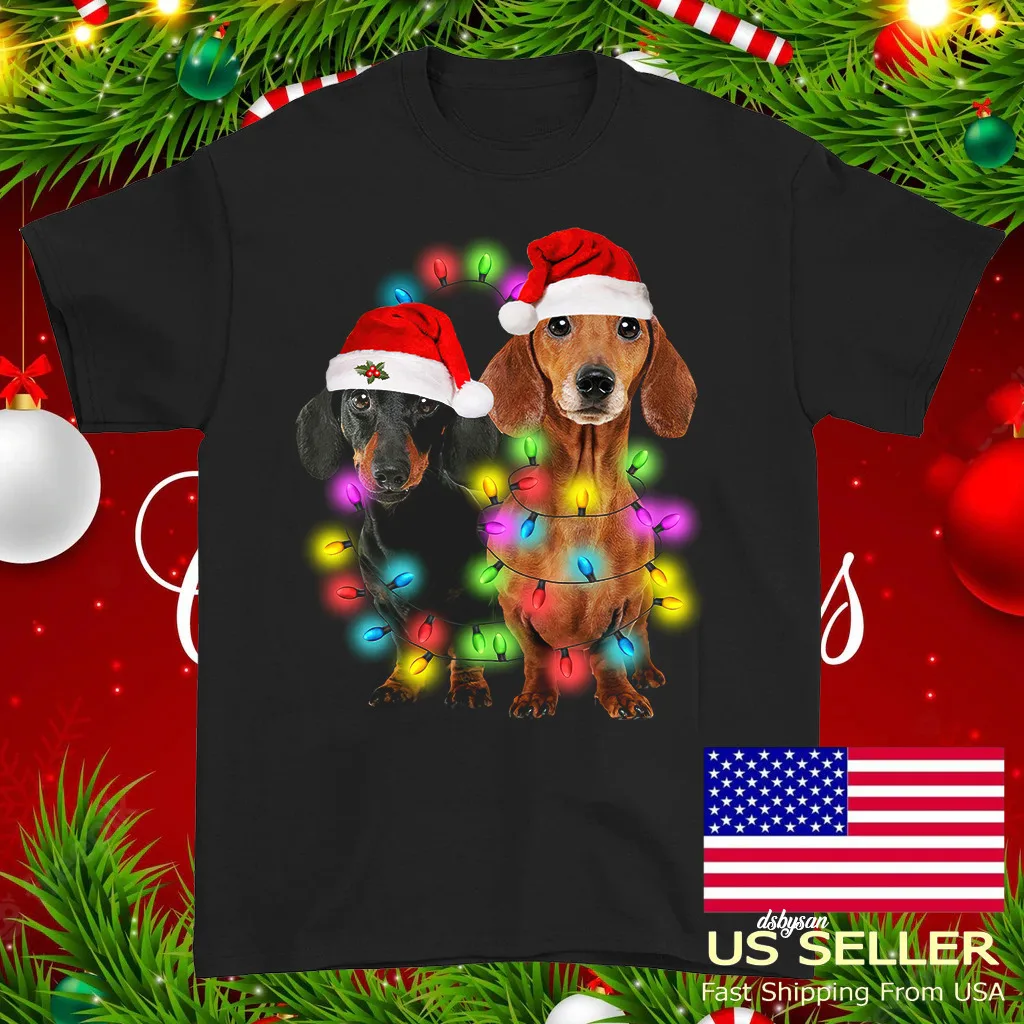 Dachshund Christmas Light Lovely Dog T-shirt Black Unisex S to 5XL 01