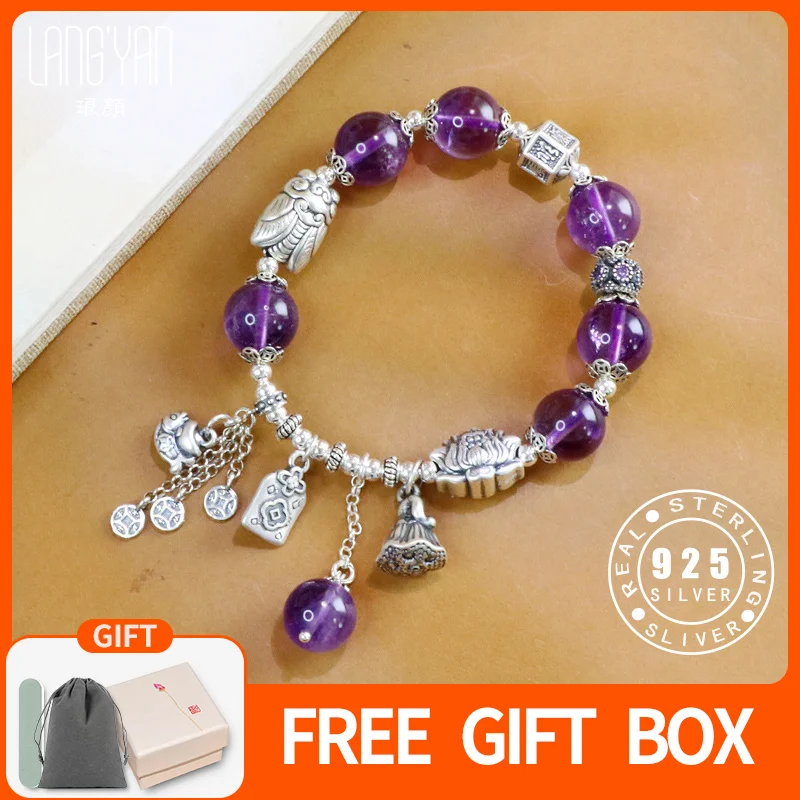 

Langyan браслет из натурального аметиста для женщин в китайском стиле 999/925 серебро Цикада пион браслеты счастливый подарок аксессуары SL207