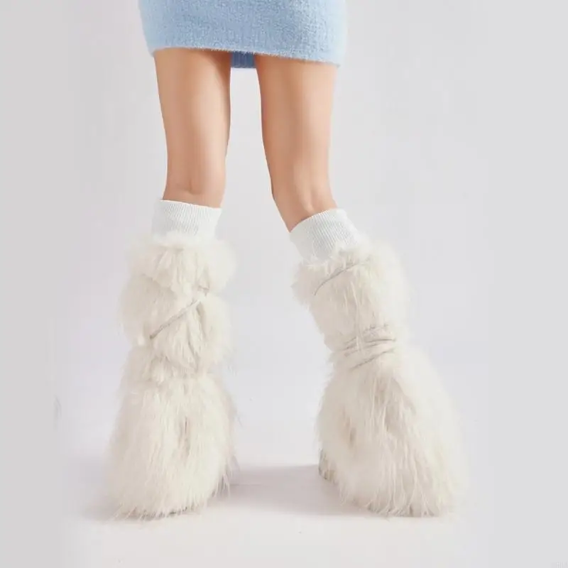 E56A Ribbed Cuffs Plush BOOT Toppers สำหรับผู้หญิงฤดูหนาว Fuzzy ขาอุ่นพร้อมผ้าพันแผล