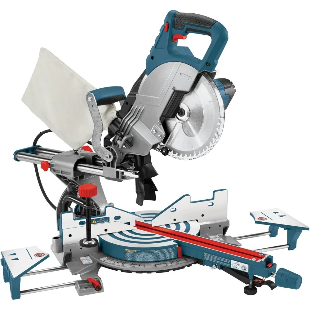 8-1/2 Inch Single Bevel Sliding Compound Miter Saw CM8S, Blue Extension Table, Iron Blade Guard, Cutting Wood, PVC or Soft Metal