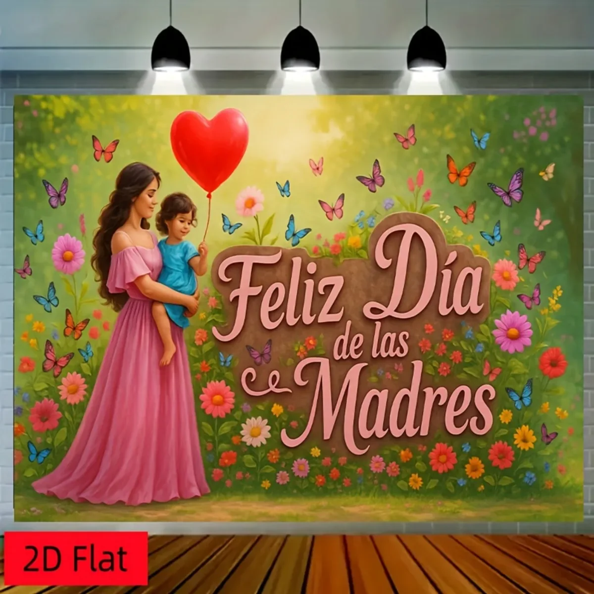 مسطح ثنائي الأبعاد، قطعة واحدة من خلفية عيد الأم الإسبانية - خلفية تصوير على شكل فراشة زهرية مع نص "Feliz Dia de las Madres"، وردي F #5