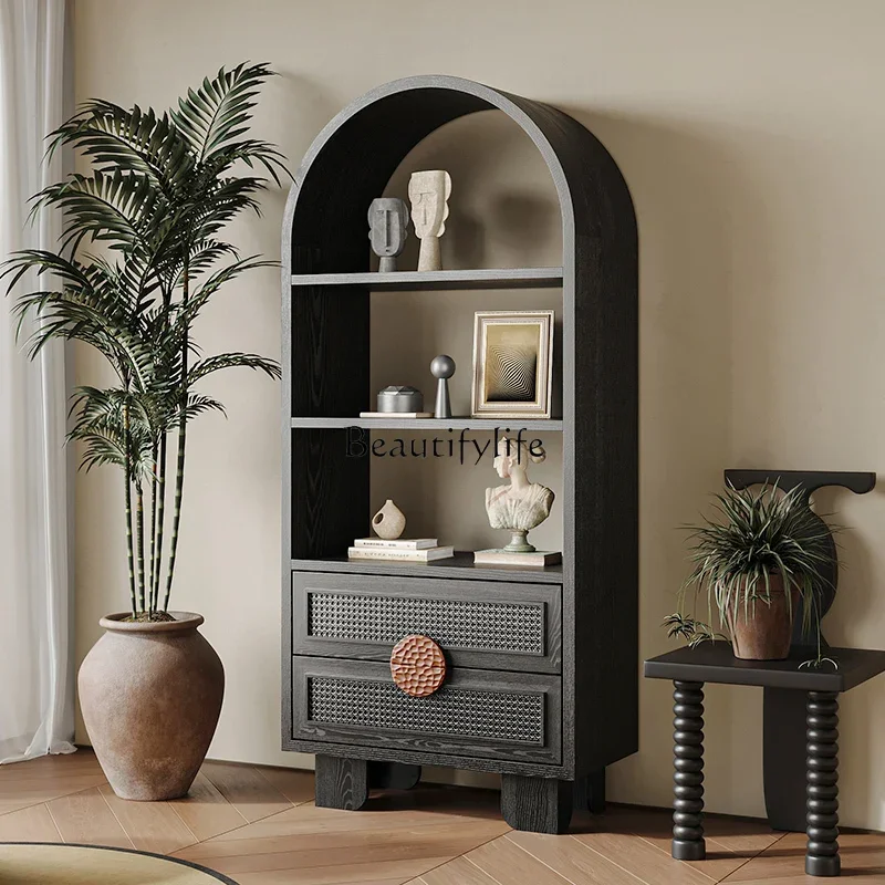 

New Chinese retro book arched integrated against the wall living room rattan display cabinet medium antique black