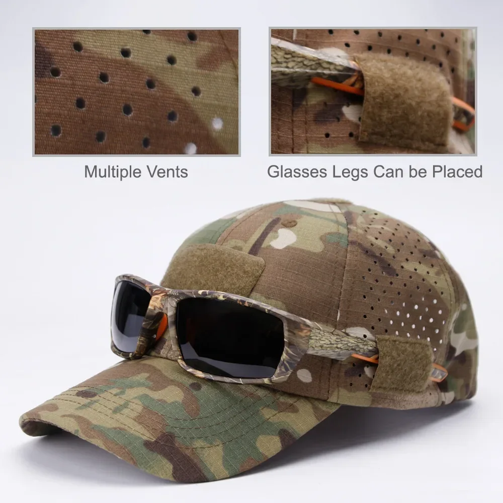 Camouflage Tactical Baseball Cap Velcro Patch Glasses Hole Men Outdoor Sports Hiking Fishing Hunting Summer Sun Visor Hat view 2