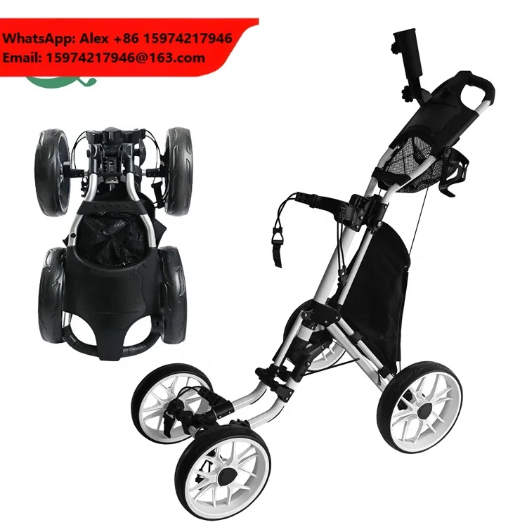 Factory Custom Your Logo Aluminum Folding Golf Trolley 4 Wheels Golf Push Pull Cart Compact Walking Golf Bag Cart With One-Click